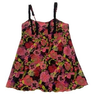 Josie Natori Floral Print Camisole Slip Dress L Pink Black Green Boho Festival